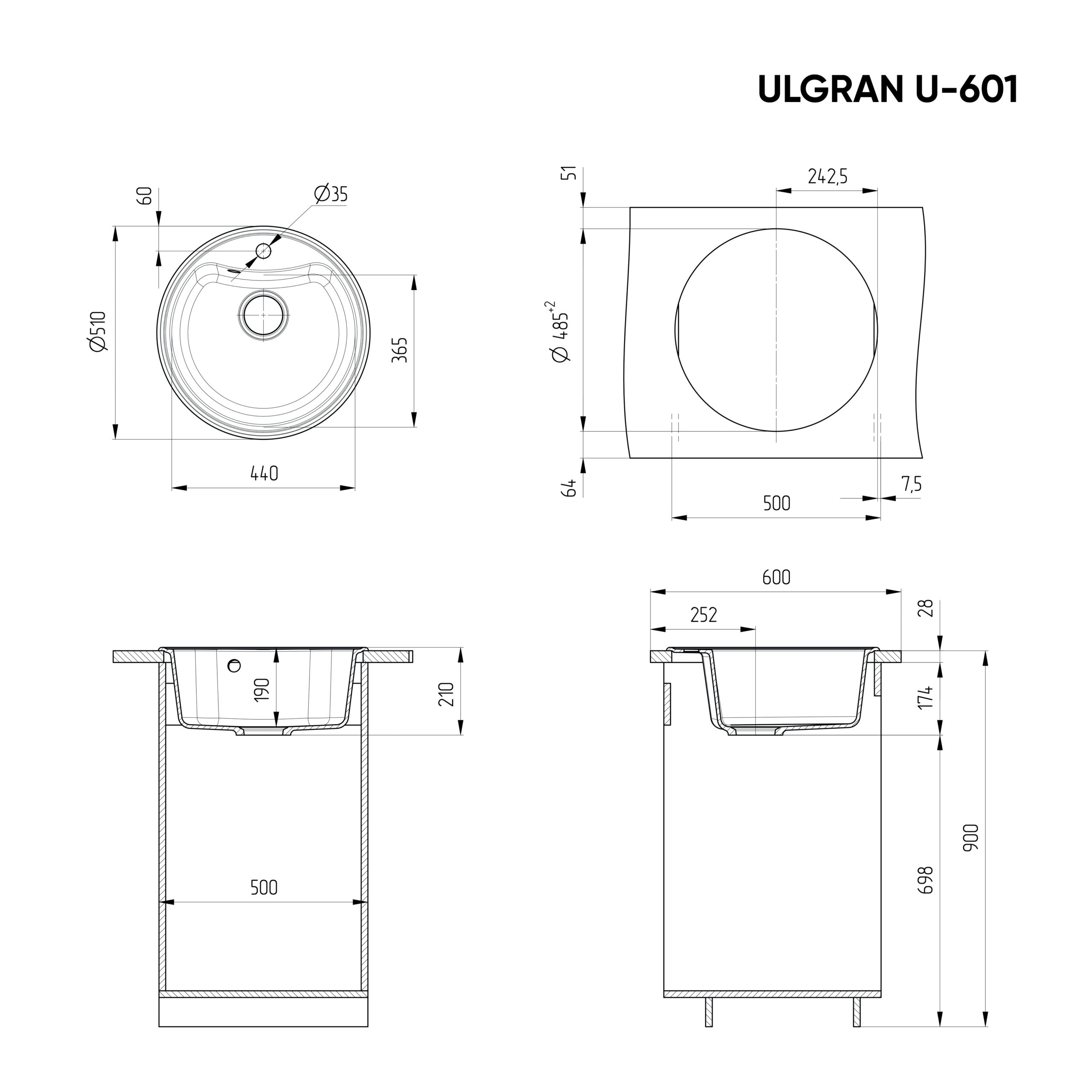 Мойка U-601 d-490мм 185мм Цвета в ассортимене