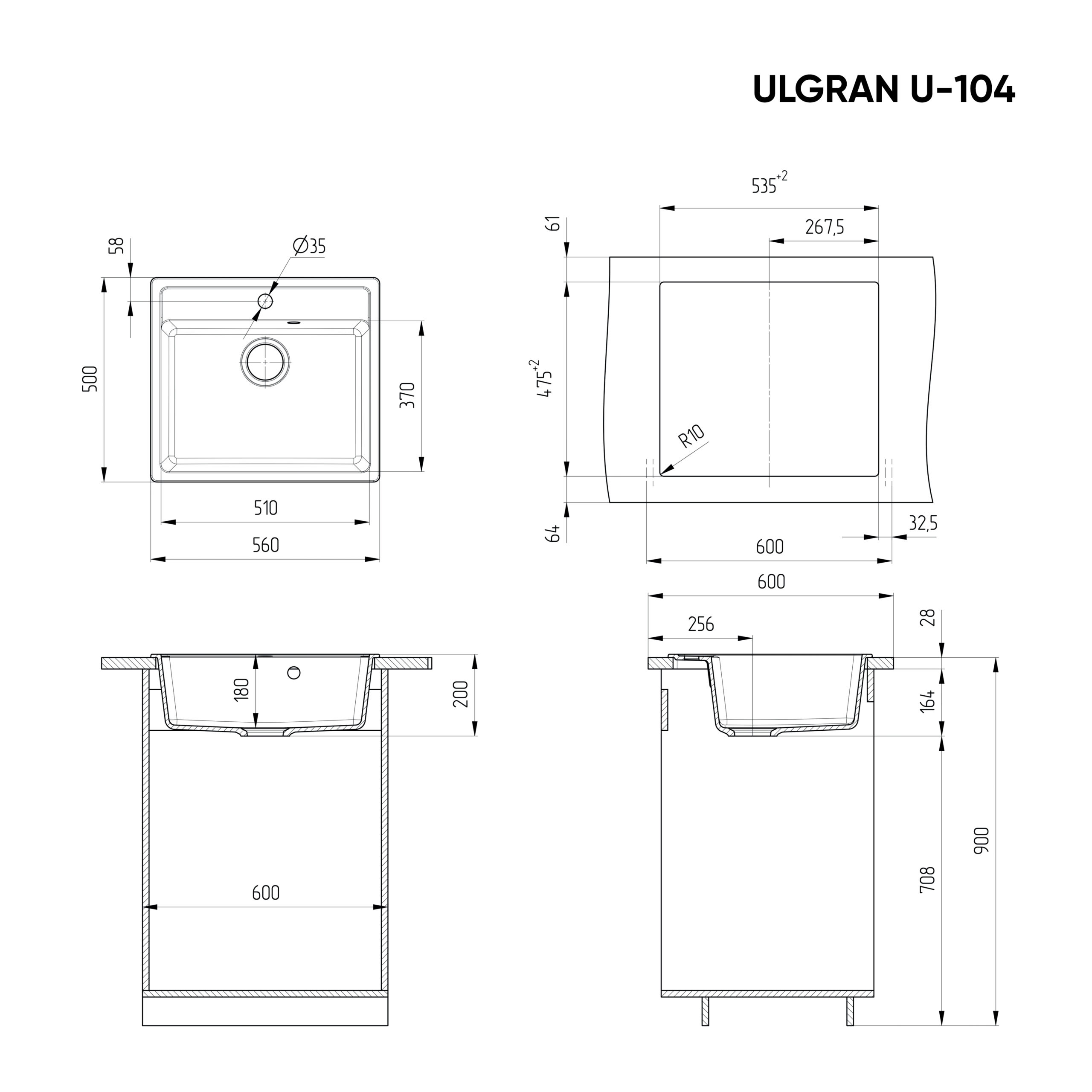 Мойка U-104 560х500мм 180мм Цвета в ассортимене