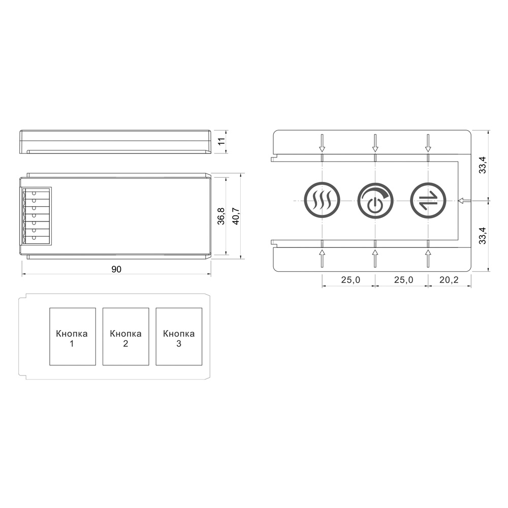 Сенсорный выключатель для зеркала DZs-6-3d, трехкнопочный, 12V/24V, max. 5А, 60/120W